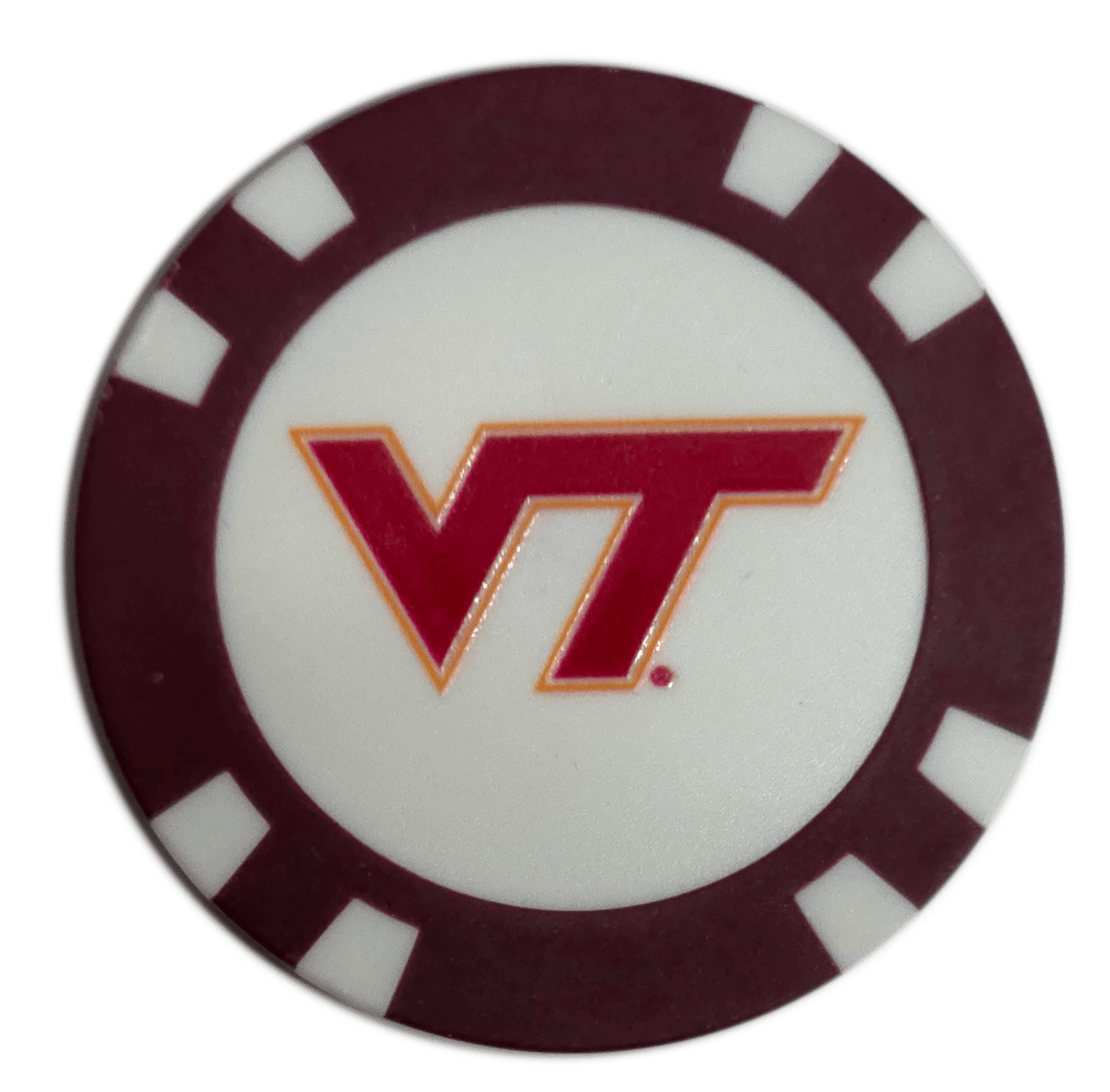 Poker chip with Virginia Tech logo on a white background