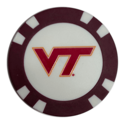Poker chip with Virginia Tech logo on a white background