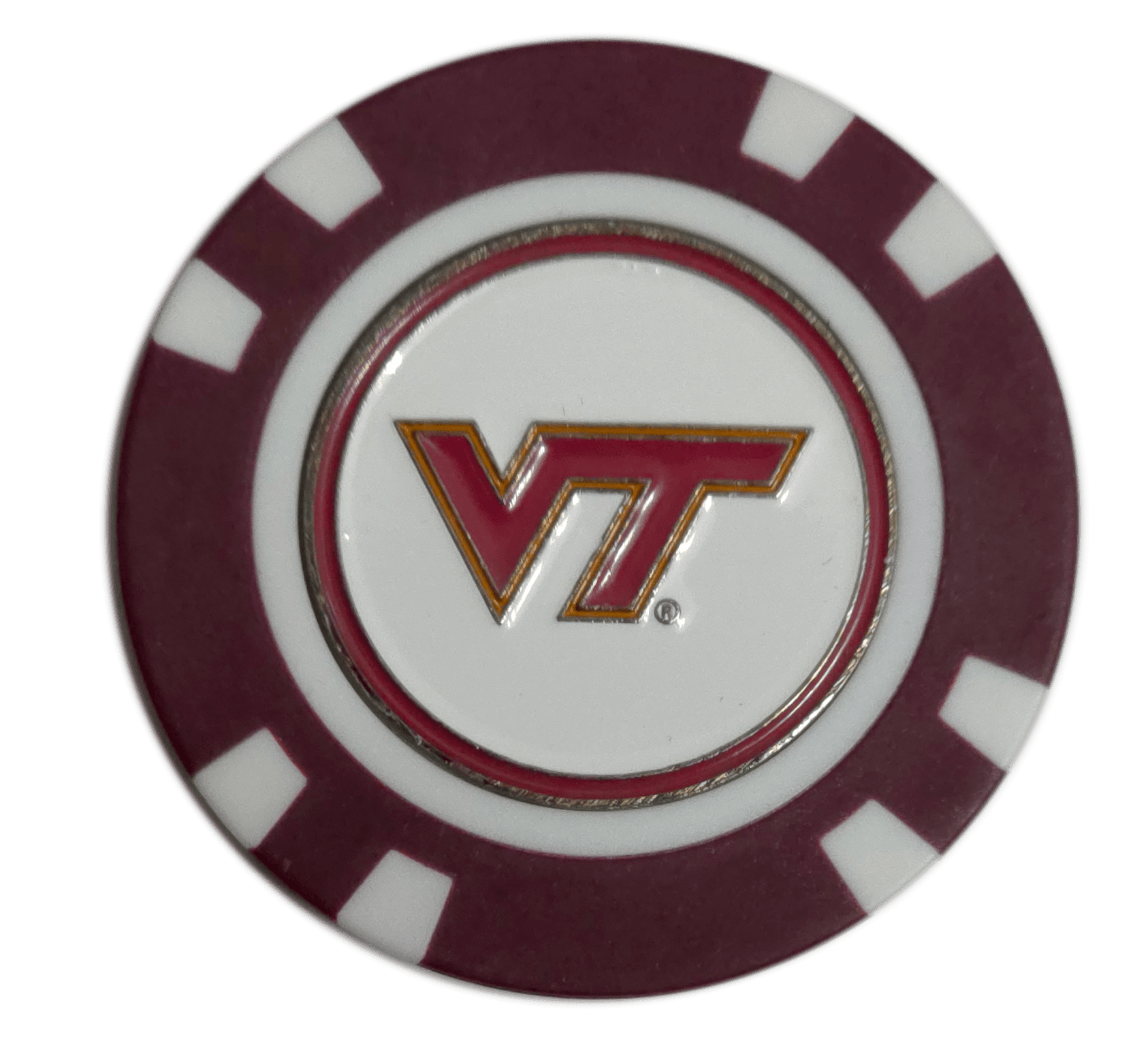 Poker chip with Virginia Tech logo on a white background