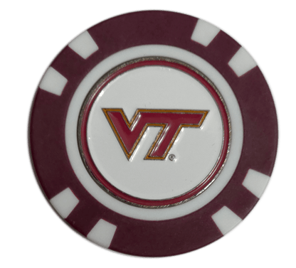 Poker chip with Virginia Tech logo on a white background