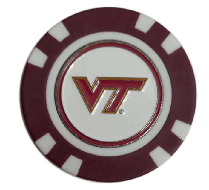 Poker chip with Virginia Tech logo on a white background