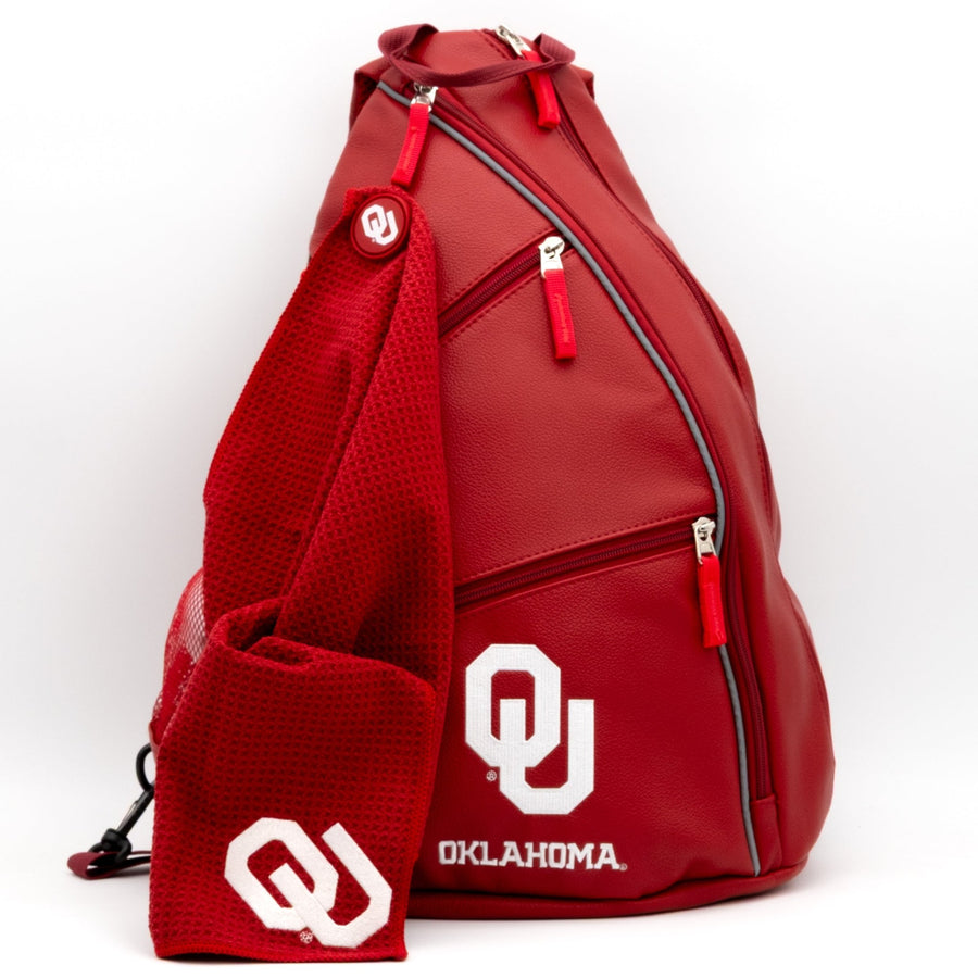 Oklahoma Sooners backpack: magnetic towel attachment, towel staged