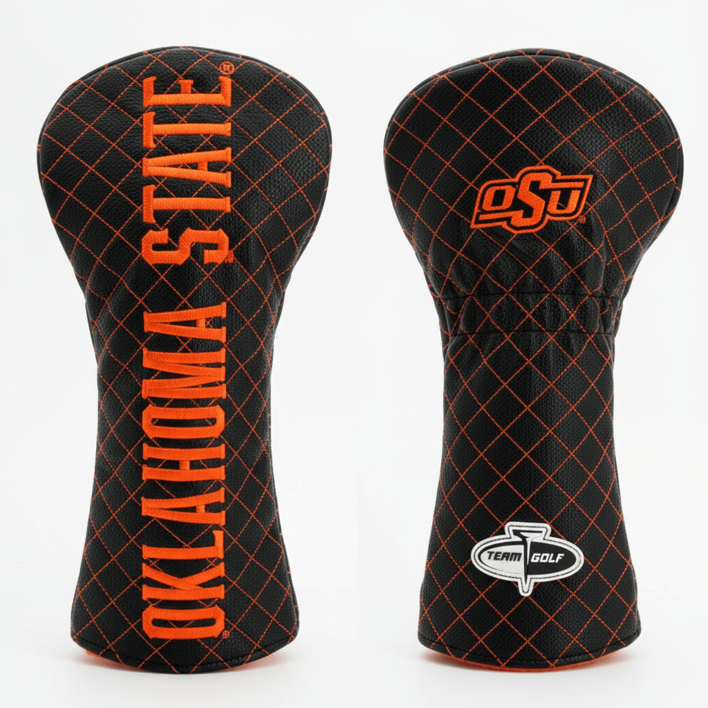 Two black golf club head covers with 'Oklahoma State' and team logo on a white background