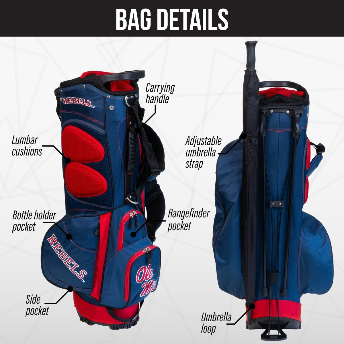 Ole Miss Rebels Fairway bag carry-side lumbar cushions.