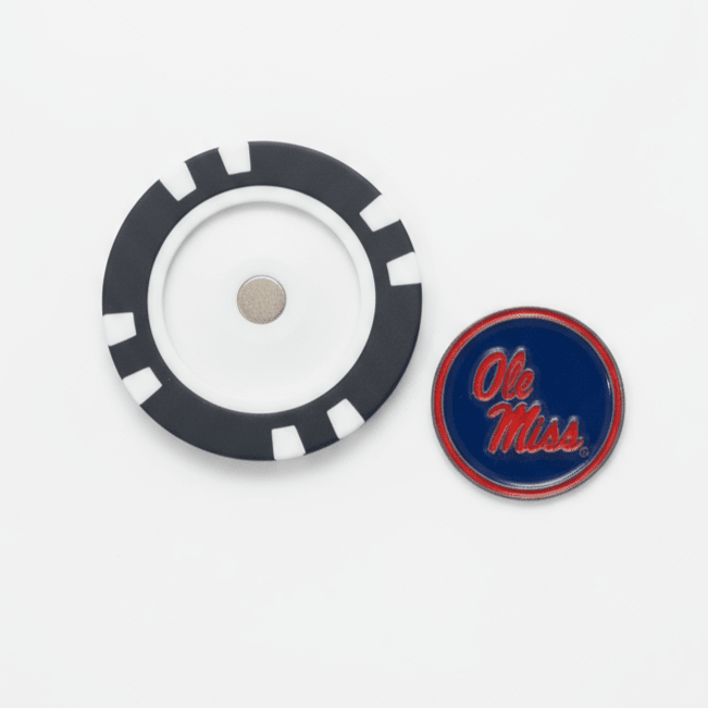 Two circular objects on a white background, one with a black rim and white center, the other with 'Oh Miss' text.