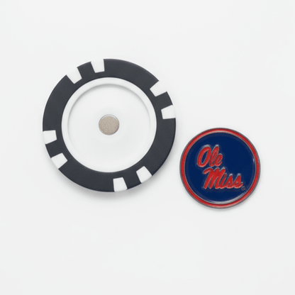 Two circular objects on a white background, one with a black rim and white center, the other with 'Oh Miss' text.