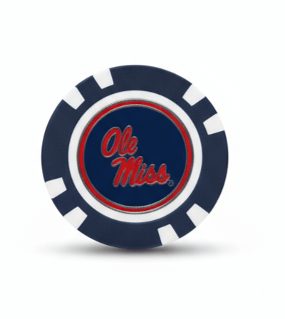 Poker chip with 'Ole Miss' logo on a white background
