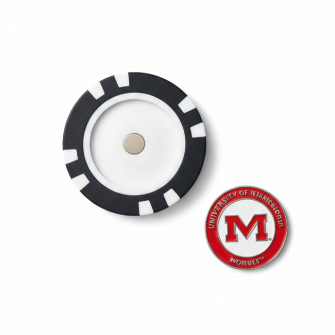 Black and white circular object with a red and white logo on a white background