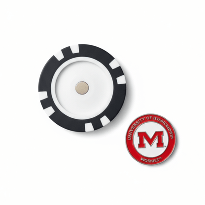 Black and white circular object with a red and white logo on a white background