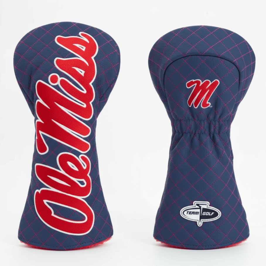 Two golf club head covers with 'Ole Miss' and a logo on a white background