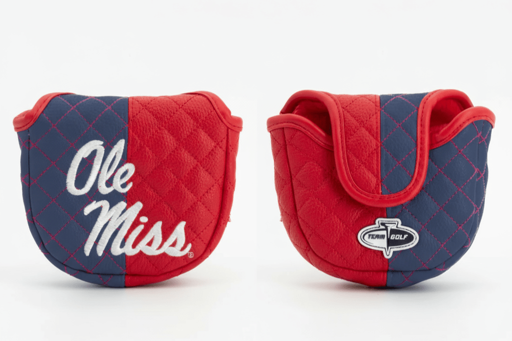 Red and navy golf club covers with 'Ole Miss' text and logo on a white background