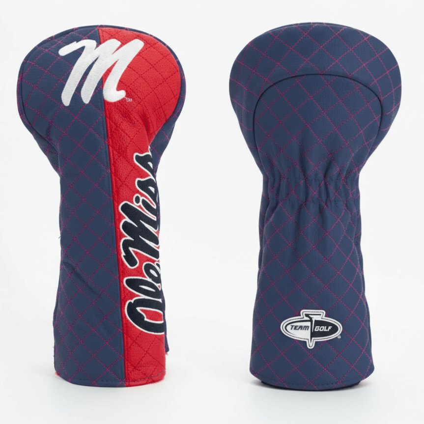 Two golf club head covers with 'Ole Miss' branding on a white background