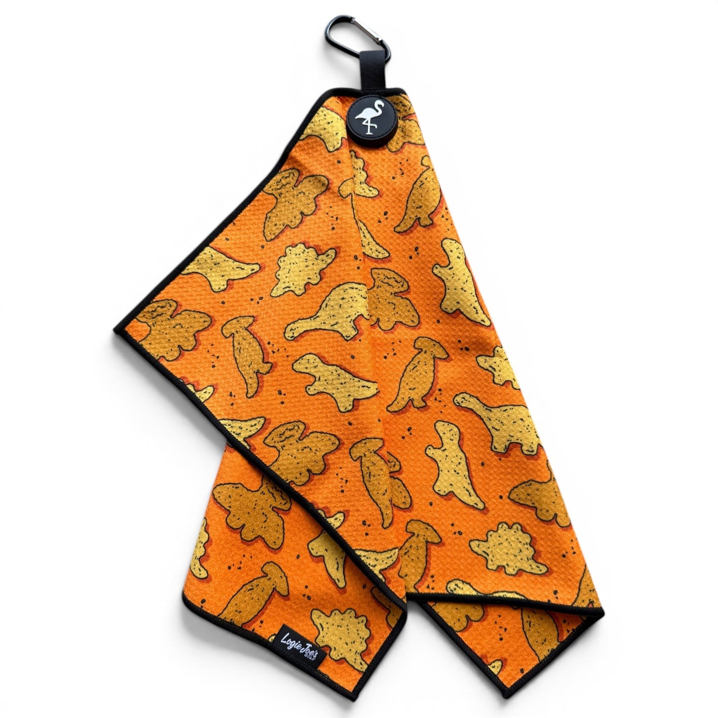 Orange Dino Chicken Nugget Golf Towel | 24” x 16” Microfiber Towel | Magnetic Clip & Carabiner | Premium Golf Accessory - Club Rehab
