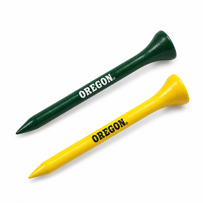 Oregon Ducks golf tees in green and yellow with team lettering.