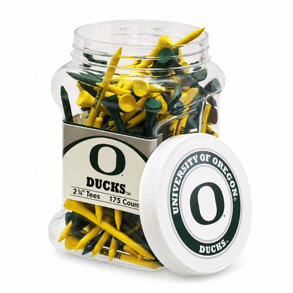 Oregon Ducks jar containing 175 2¾-inch golf tees with its separate team-logo lid.