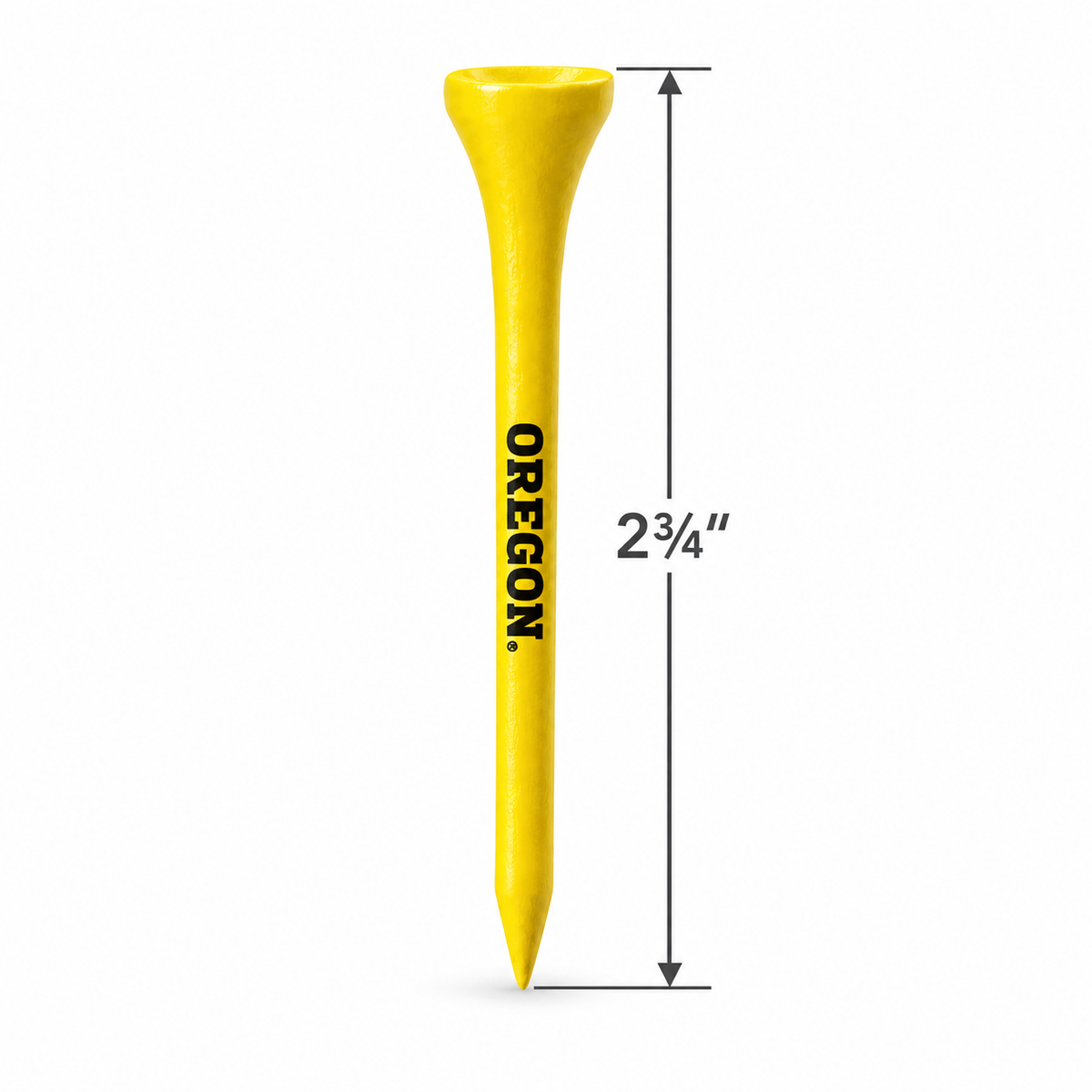 Yellow Oregon Ducks golf tee with a 2¾-inch height measurement.
