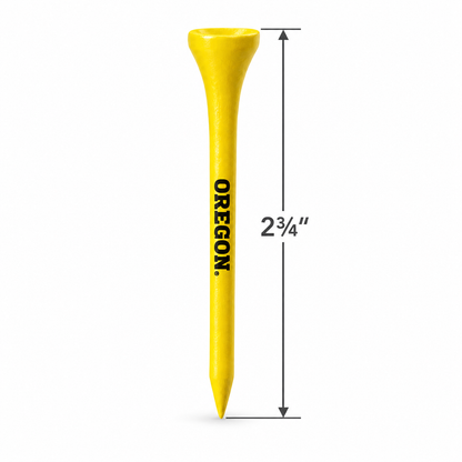 Yellow Oregon Ducks golf tee with a 2¾-inch height measurement.