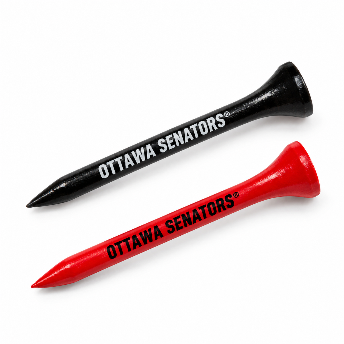 Ottawa Senators golf tees in black and red with team lettering.