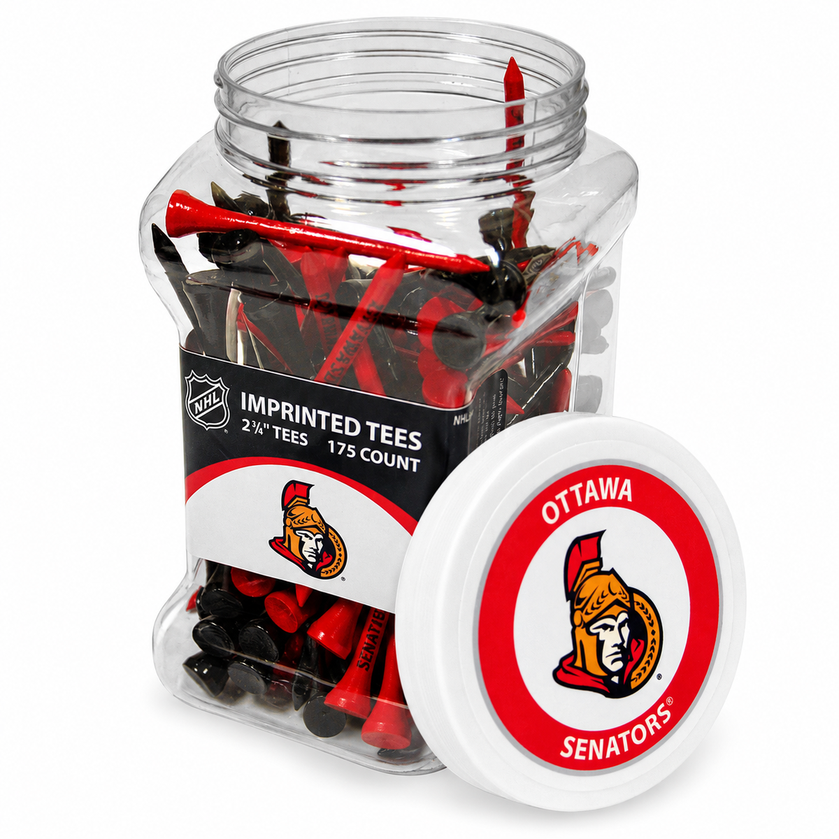 Ottawa Senators jar containing 175 2¾-inch golf tees with its separate team-logo lid.