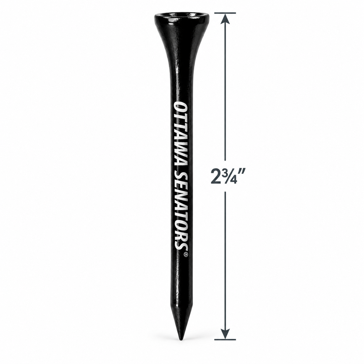 Black Ottawa Senators golf tee with a 2¾-inch height measurement.