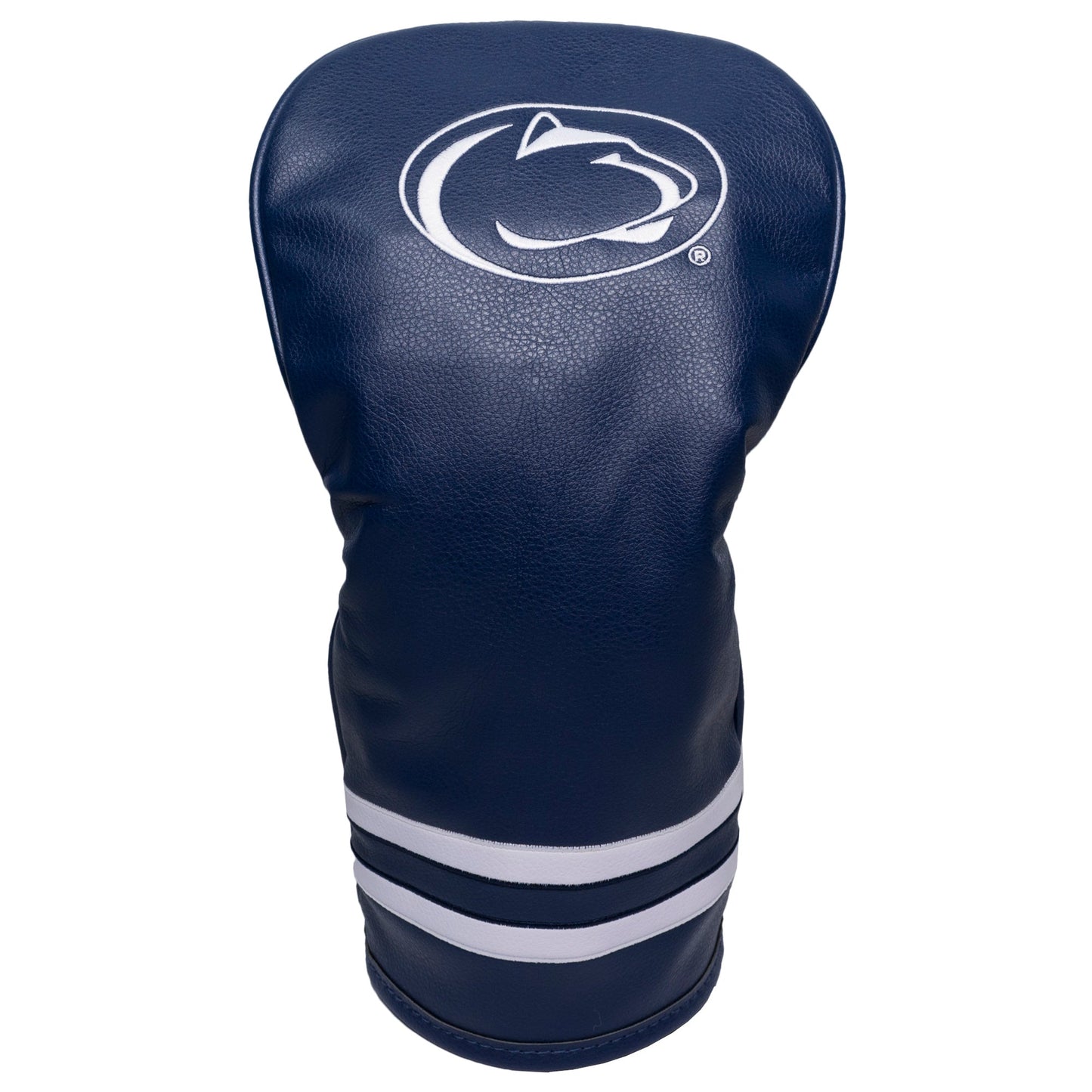 Navy blue golf club head cover with white stripes and logo on a white background
