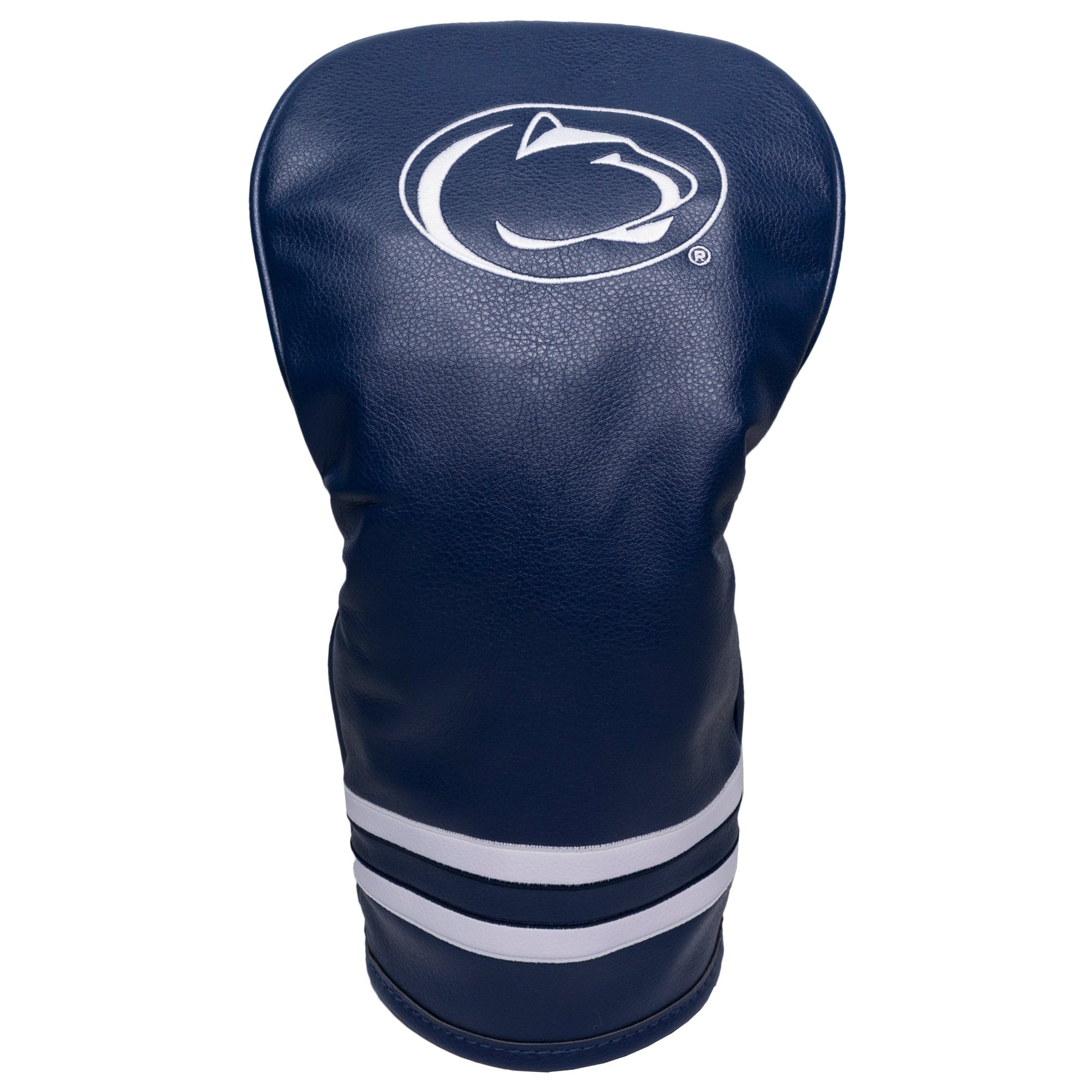Navy blue golf club head cover with white stripes and logo on a white background