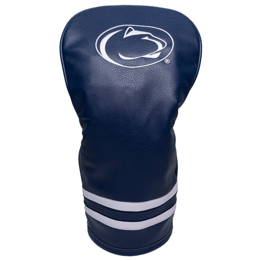 Navy blue golf club head cover with white stripes and logo on a white background