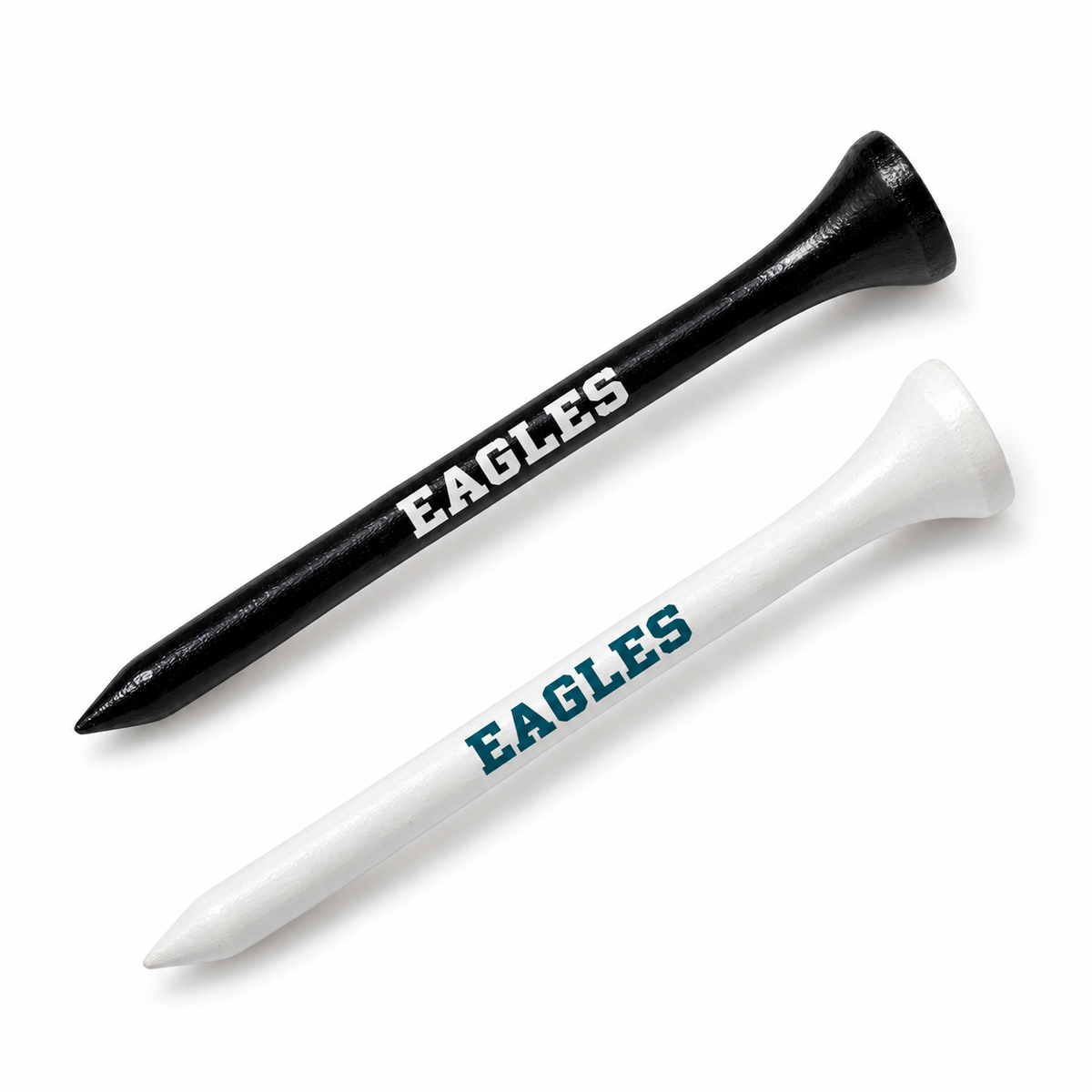 Philadelphia Eagles golf tees in black and white with team lettering.