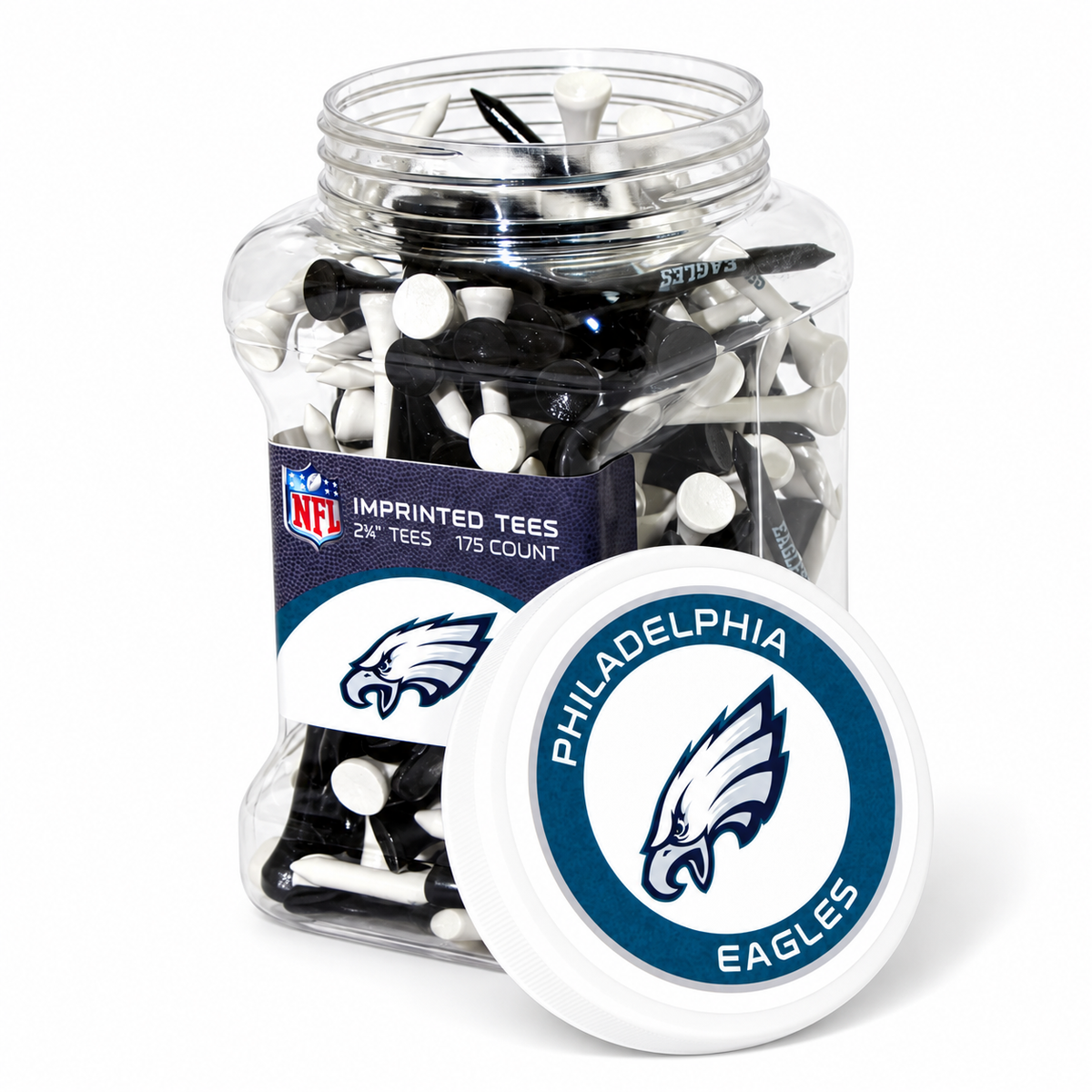 Close-up of the Philadelphia Eagles 175-count tee jar and separate lid.