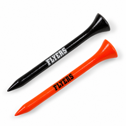 Philadelphia Flyers golf tees in black and orange with team lettering.