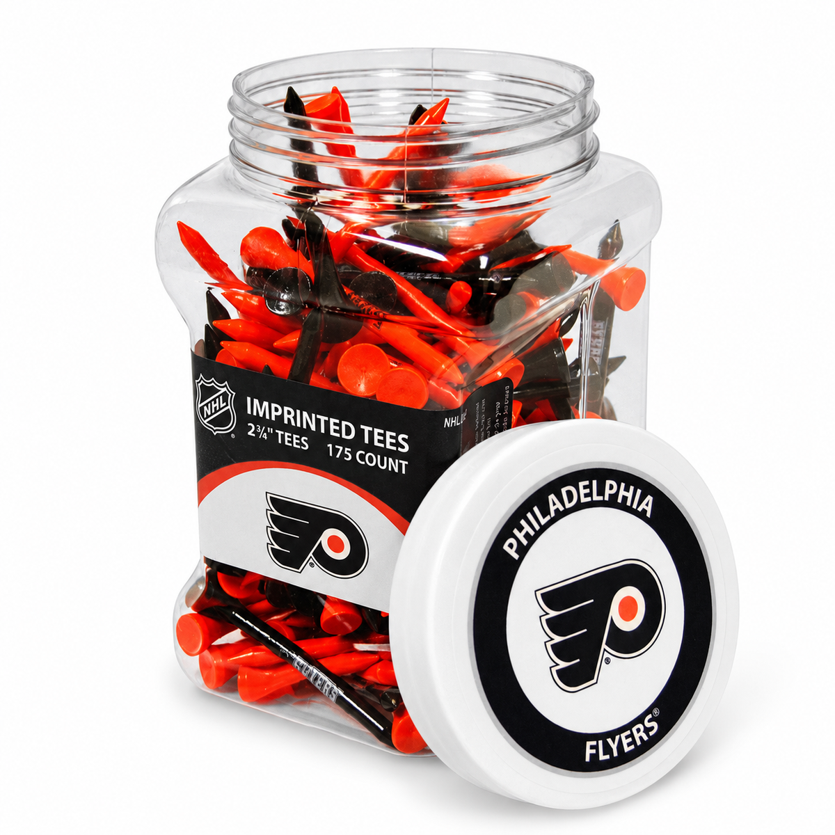 Philadelphia Flyers jar containing 175 2¾-inch golf tees with its separate team-logo lid.