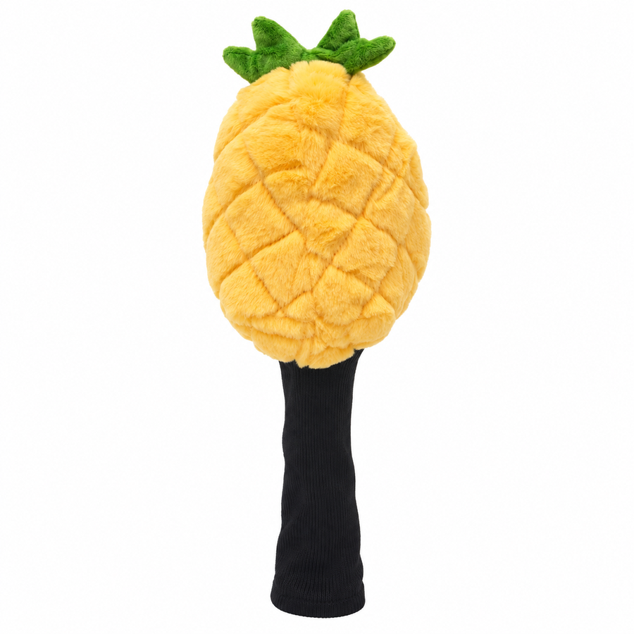Rear view of pineapple plush driver headcover showing diamond stitching and black sock