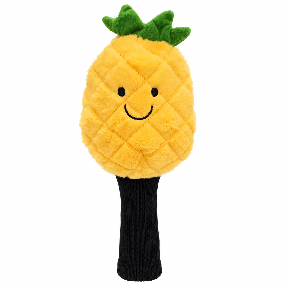 Pineapple Express yellow plush driver headcover with green crown, embroidered smile and black knit sock