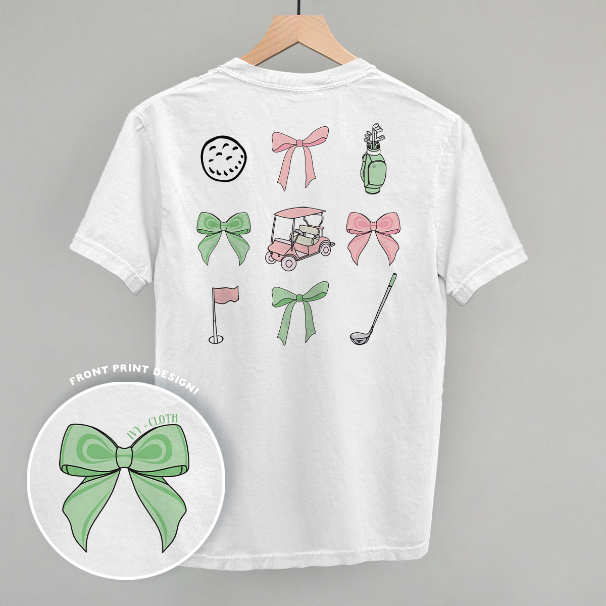 Back of white Pink & Green Golf Doodles tee with golf icons and bows