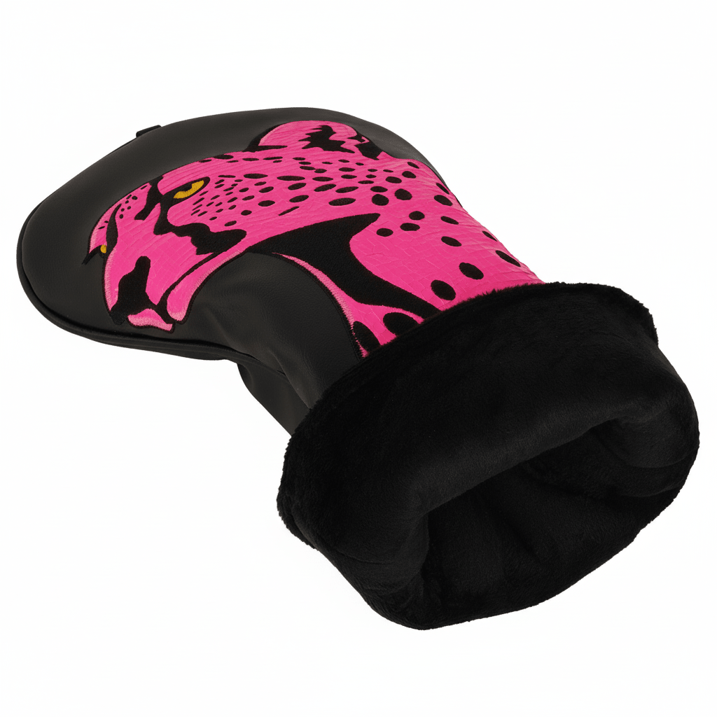 Black and pink golf club head cover with a leopard design on a white background