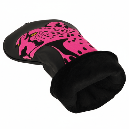 Black and pink golf club head cover with a leopard design on a white background