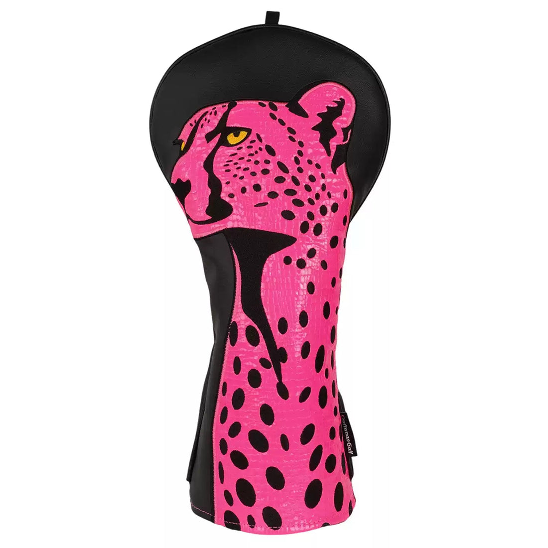 Golf club head cover with pink and black cheetah design on a white background