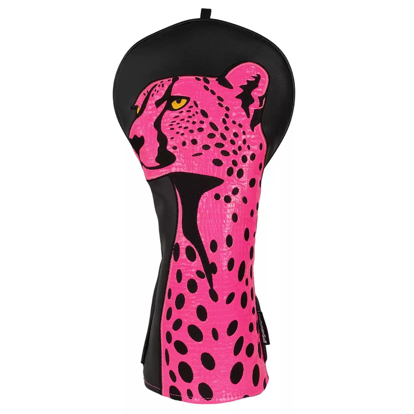 Golf club head cover with pink and black cheetah design on a white background