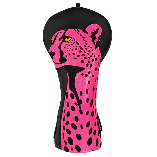 Golf club head cover with pink and black cheetah design on a white background