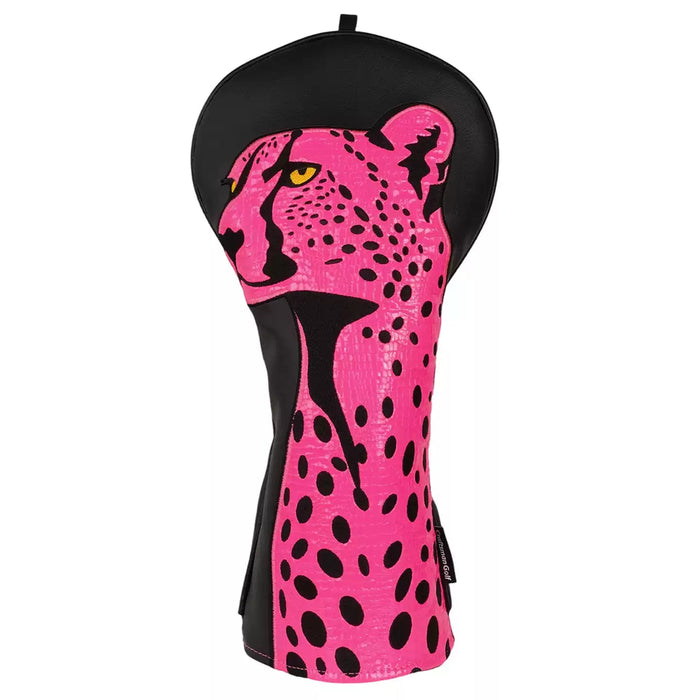 Golf club head cover with pink and black cheetah design on a white background