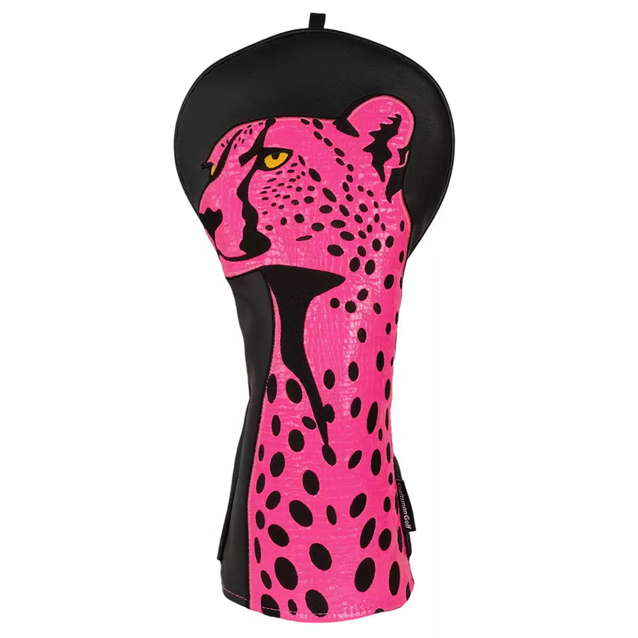Golf club head cover with pink and black cheetah design on a white background