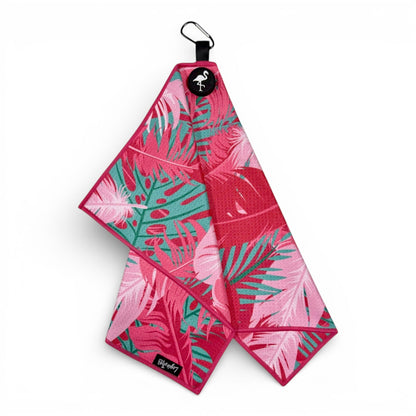 Pink Tropical Golf Towel | Premium Double - Sided Microfiber | Heavy - Duty Magnetic Towel with Carabiner Clip | 24 x 16 in - Club Rehab
