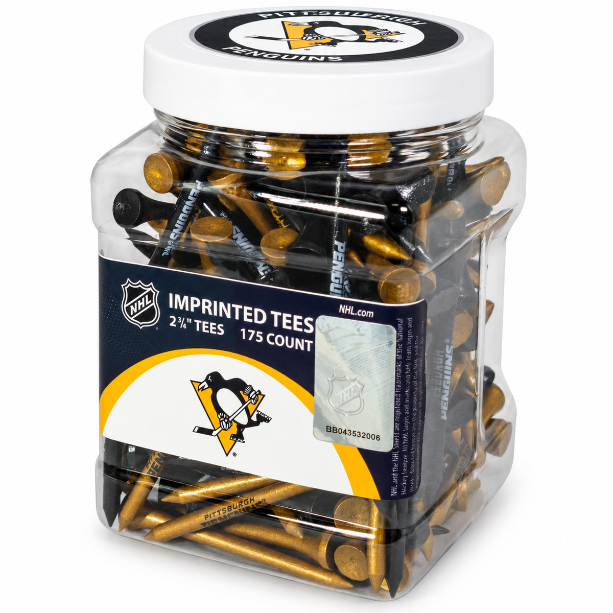 Pittsburgh Penguins closed jar containing 175 2¾-inch golf tees with its team-logo lid attached.