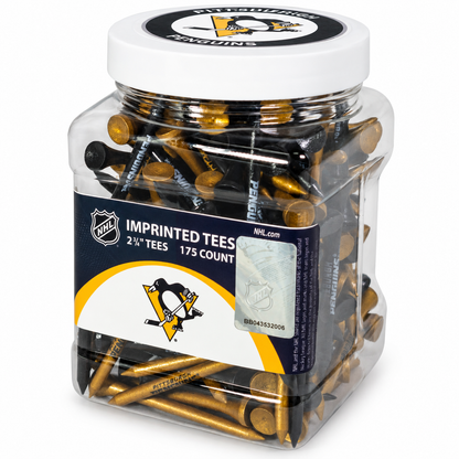 Pittsburgh Penguins closed jar containing 175 2¾-inch golf tees with its team-logo lid attached.