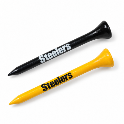 Pittsburgh Steelers golf tees in black and yellow with team lettering.