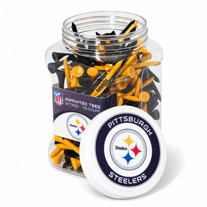 Close-up of the Pittsburgh Steelers 175-count tee jar and separate lid.