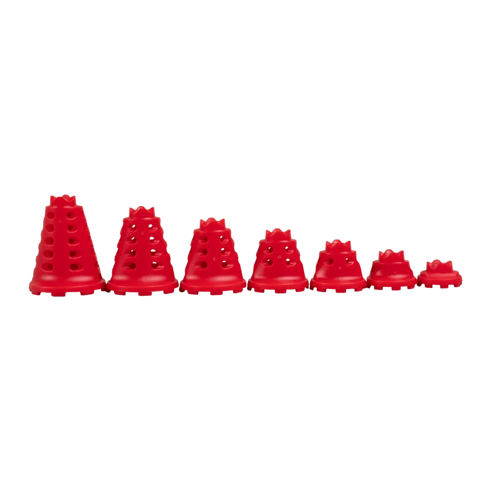 Seven red simulator golf tee sizes lined up from tallest to shortest.