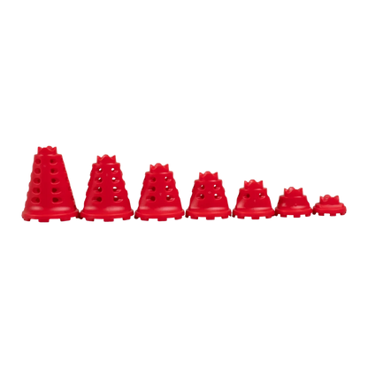 Seven red simulator golf tee sizes lined up from tallest to shortest.