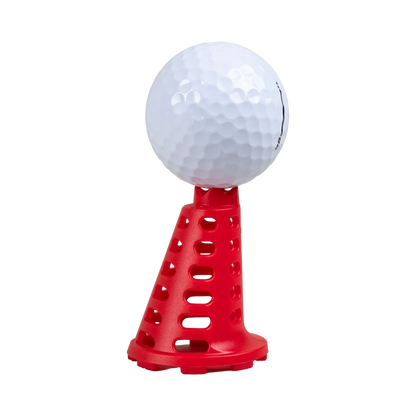Golf ball resting on a red Pride Sports simulator tee.