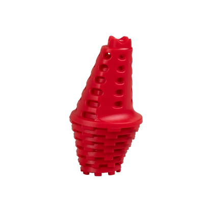 Close-up of stacked red simulator golf tees showing telescoping ring design.